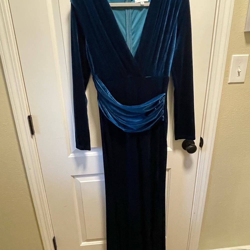 Long Sleeve Navy Velvet Evening Gown with Draped Waist